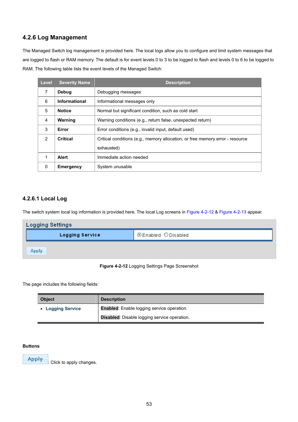 6 log management, 1 local log | PLANET GS-4210-8P2T2S User Manual | Page 53 / 331