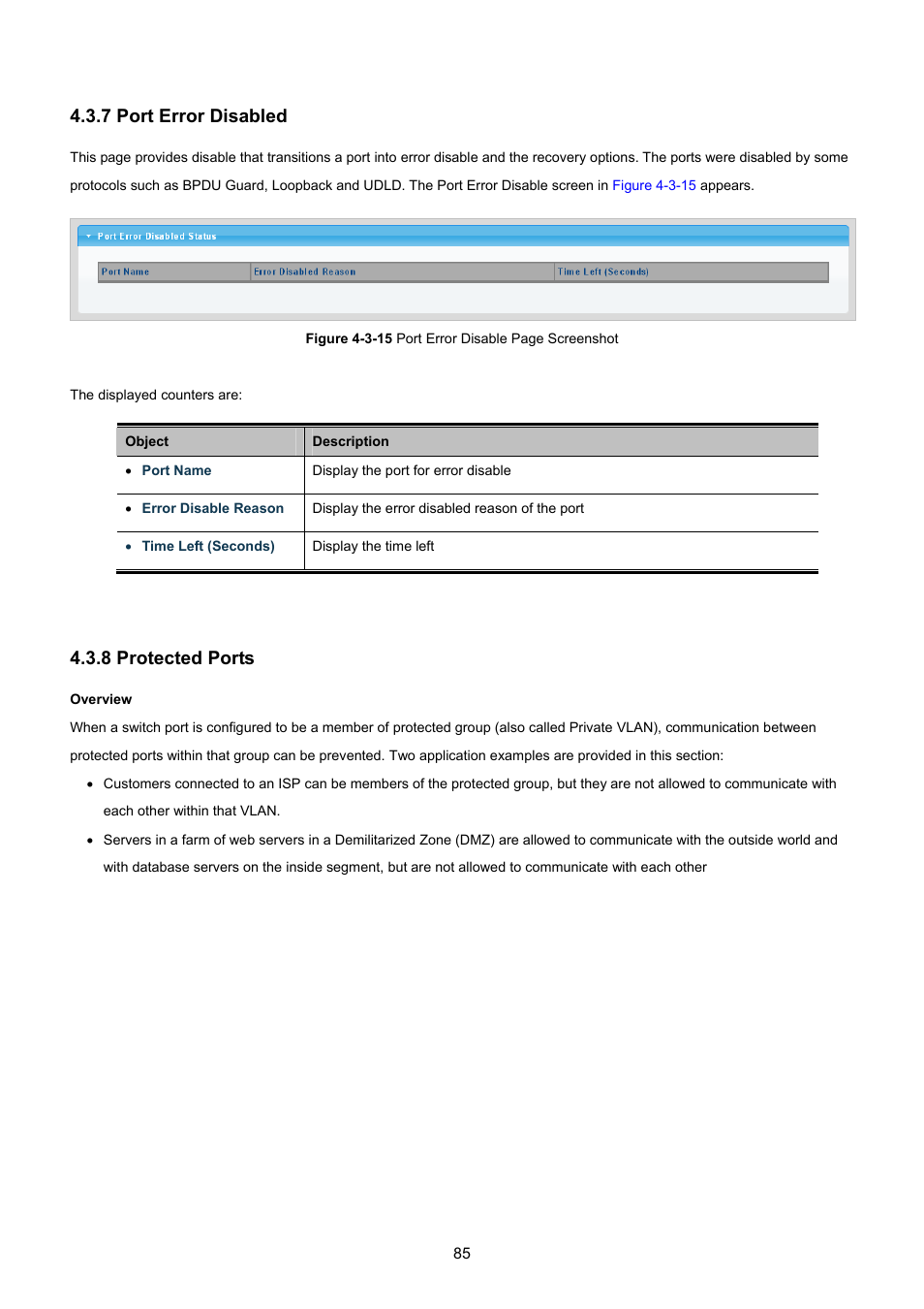 7 port error disabled, 8 protected ports | PLANET GS-4210-8P2T2S User Manual | Page 85 / 331
