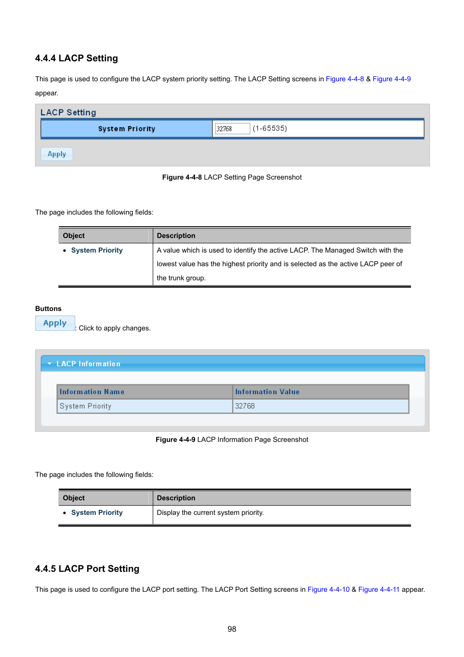 4 lacp setting, 5 lacp port setting | PLANET GS-4210-8P2T2S User Manual | Page 98 / 331
