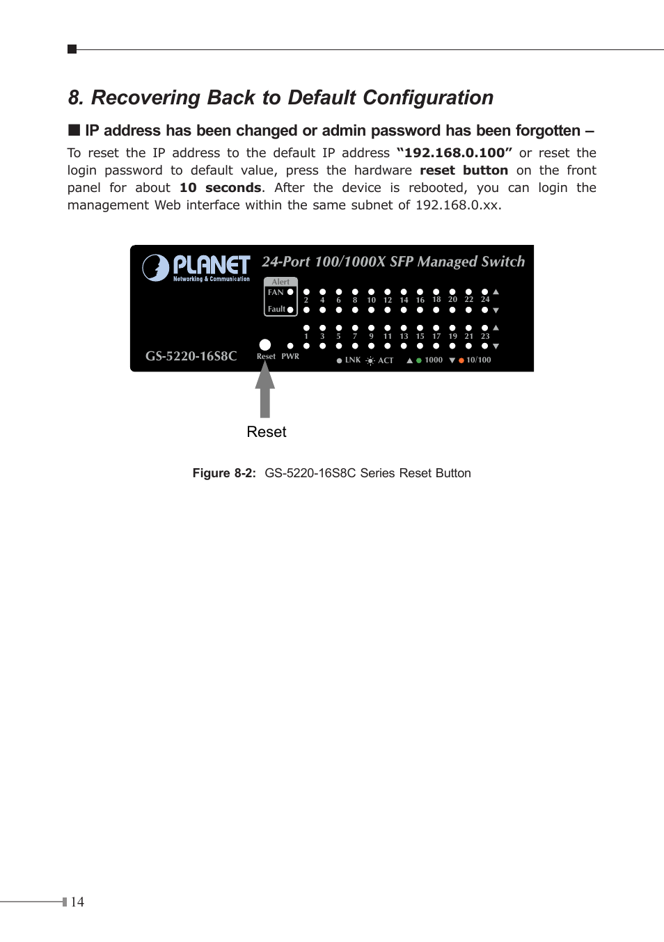 Recovering back to default configuration, Reset | PLANET GS-5220-16S8C User Manual | Page 14 / 16
