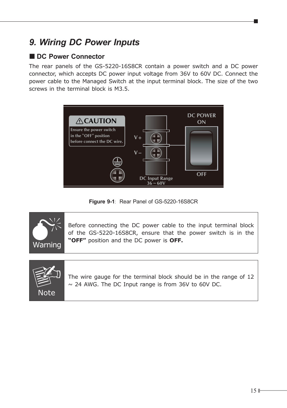 Wiring dc power inputs, Warning, Caution | PLANET GS-5220-16S8C User Manual | Page 15 / 16