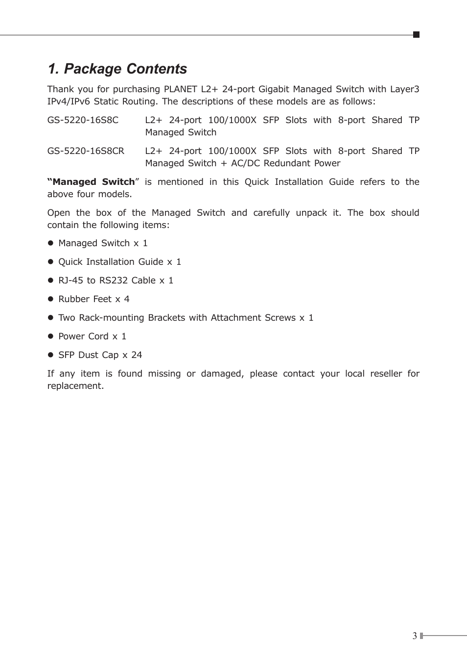 Package contents | PLANET GS-5220-16S8C User Manual | Page 3 / 16