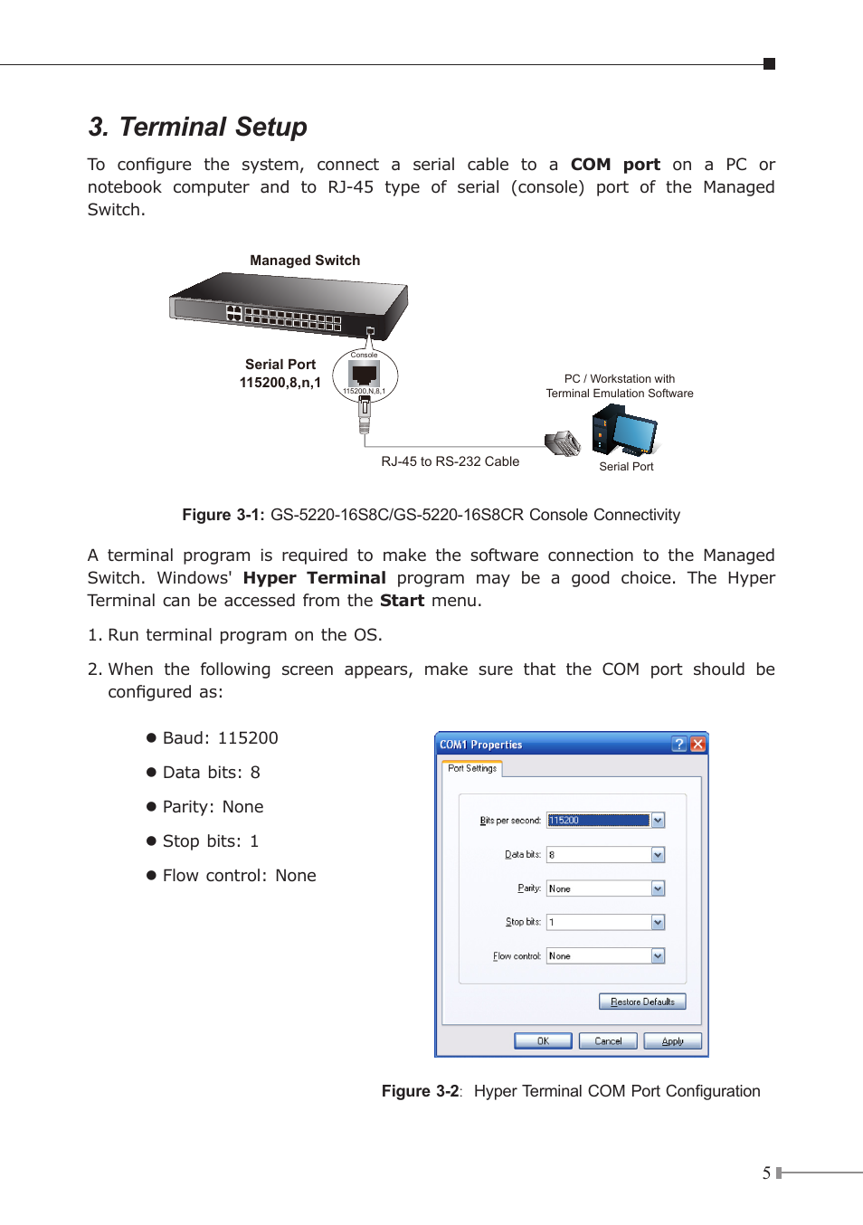 Terminal setup | PLANET GS-5220-16S8C User Manual | Page 5 / 16