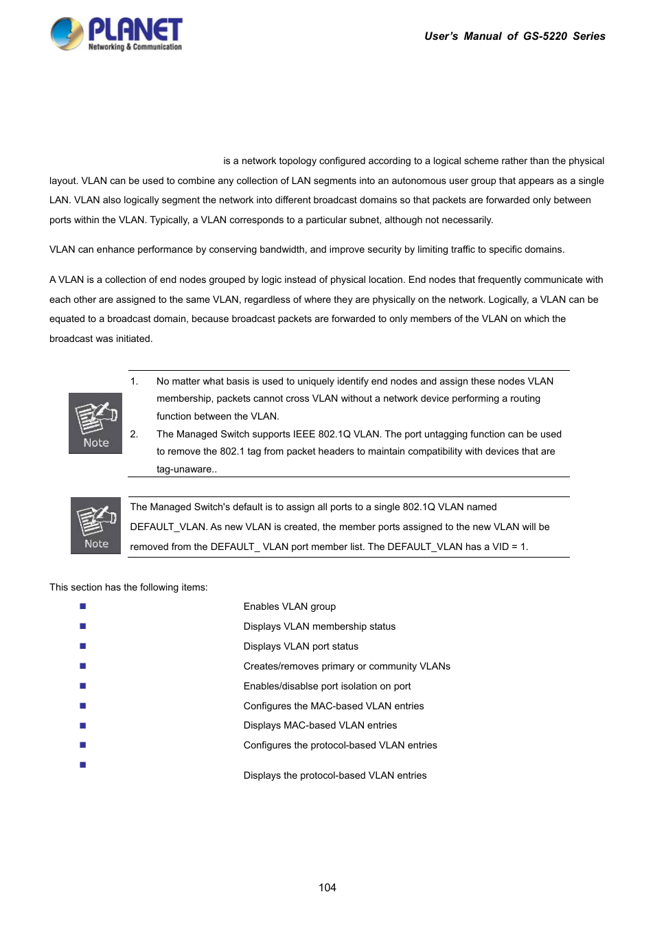 6 vlan, 1 vlan overview | PLANET GS-5220-16S8C User Manual | Page 104 / 343