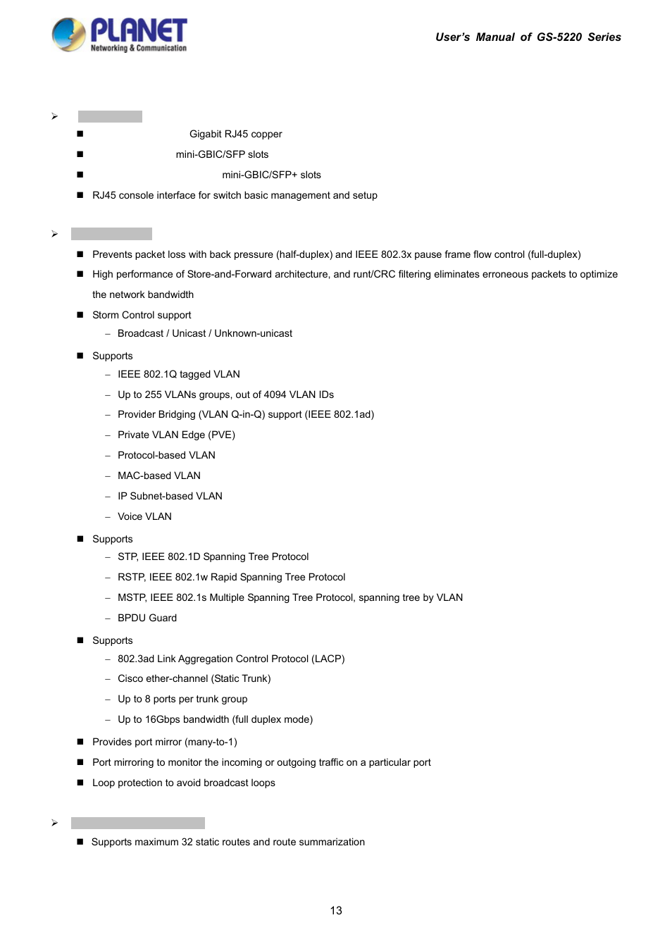 4 product features | PLANET GS-5220-16S8C User Manual | Page 13 / 343