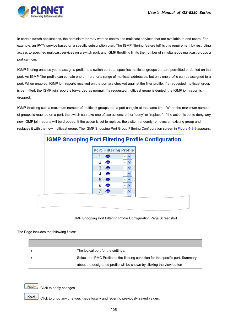 6 igmp snooping port group filtering | PLANET GS-5220-16S8C User Manual | Page 158 / 343