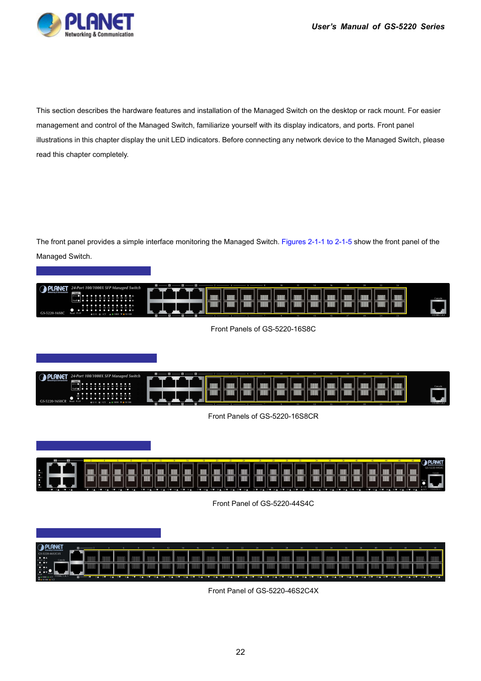 Installation, 1 hardware description, 1 switch front panel | PLANET GS-5220-16S8C User Manual | Page 22 / 343