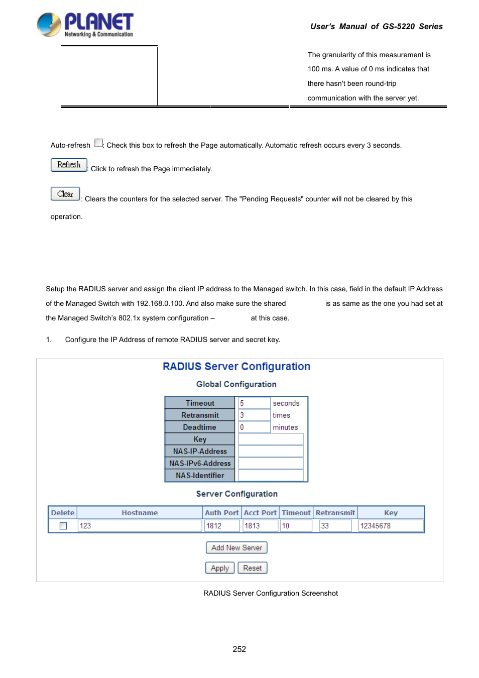 10 windows platform radius server configuration | PLANET GS-5220-16S8C User Manual | Page 252 / 343