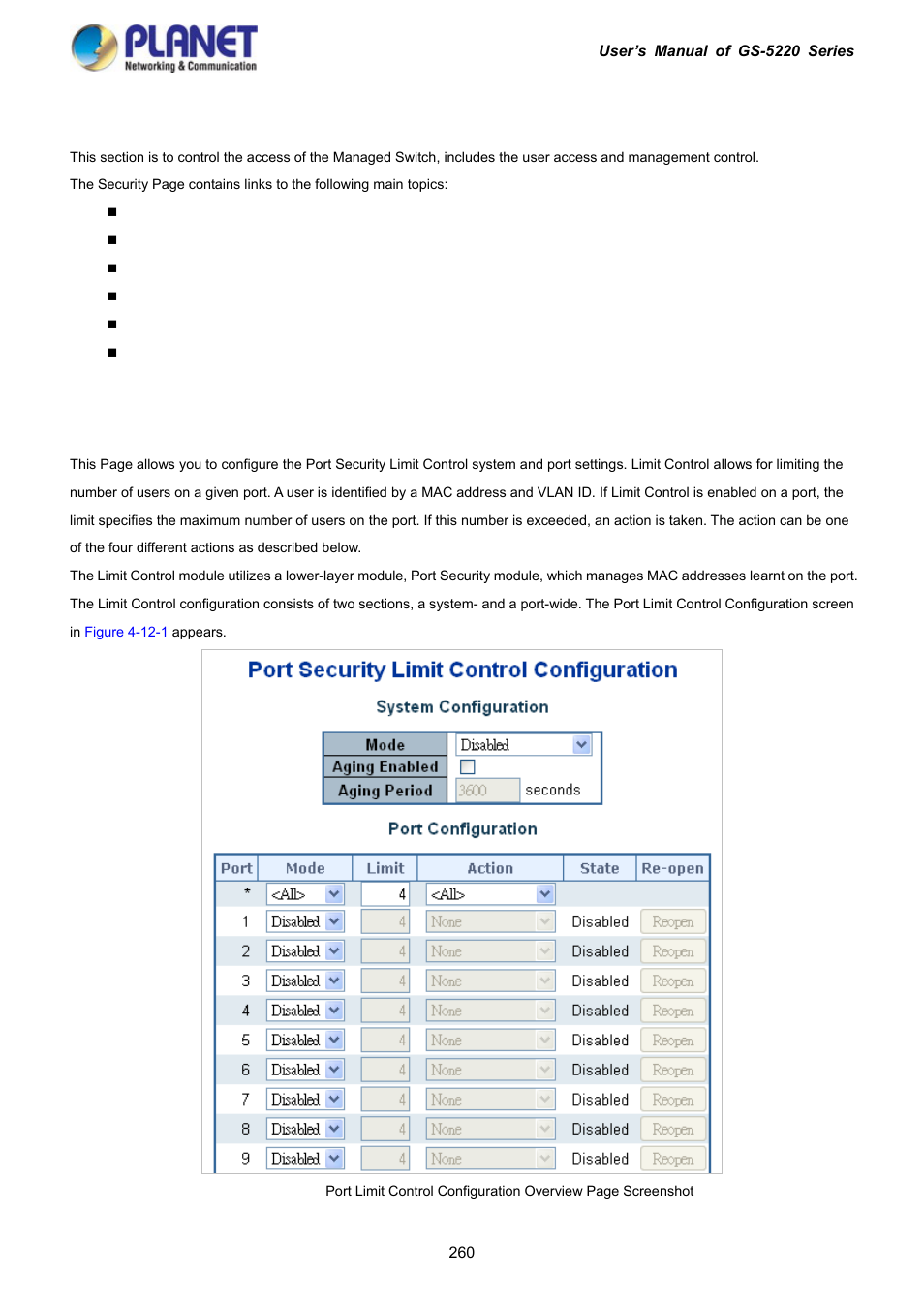 12 security, 1 port limit control | PLANET GS-5220-16S8C User Manual | Page 260 / 343