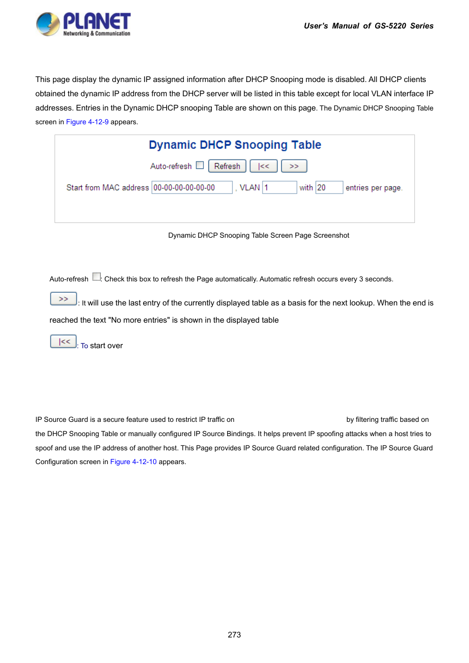 9 snooping table, 10 ip source guard configuration | PLANET GS-5220-16S8C User Manual | Page 273 / 343