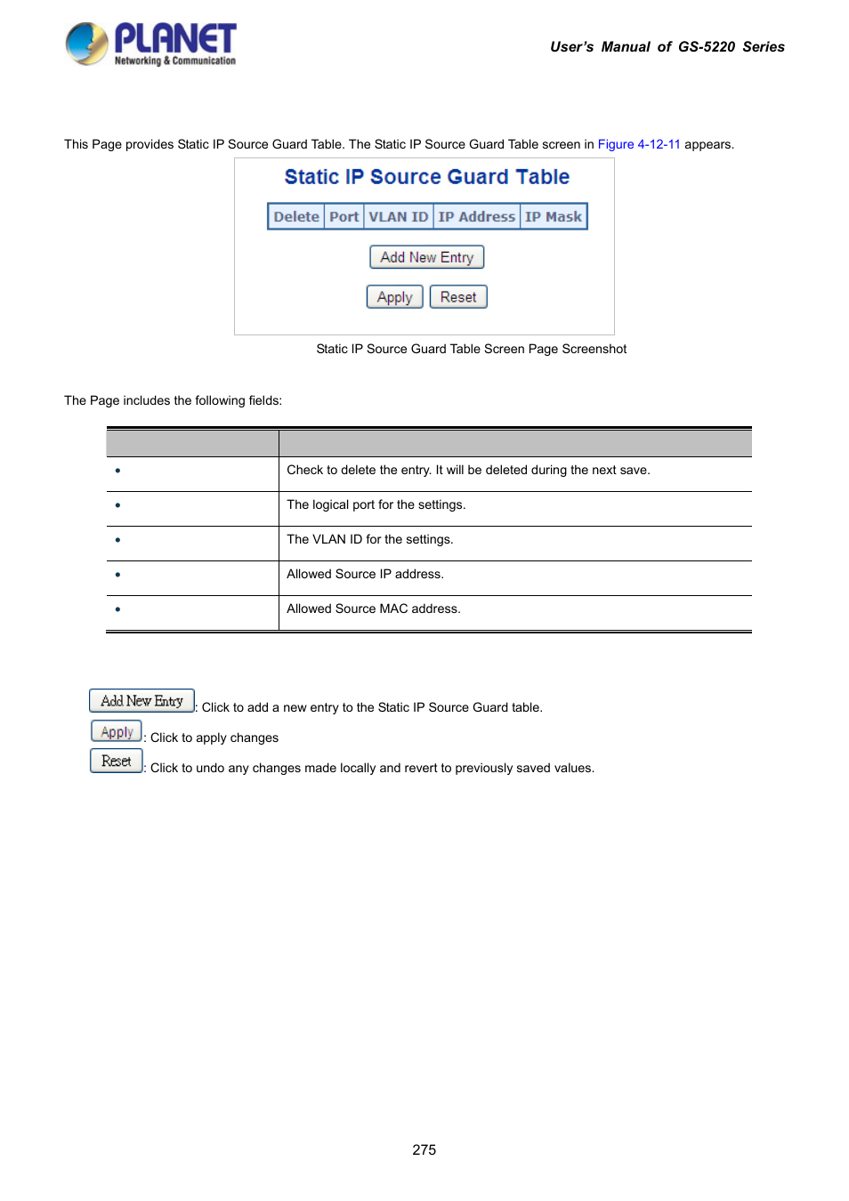 11 ip source guard static table | PLANET GS-5220-16S8C User Manual | Page 275 / 343