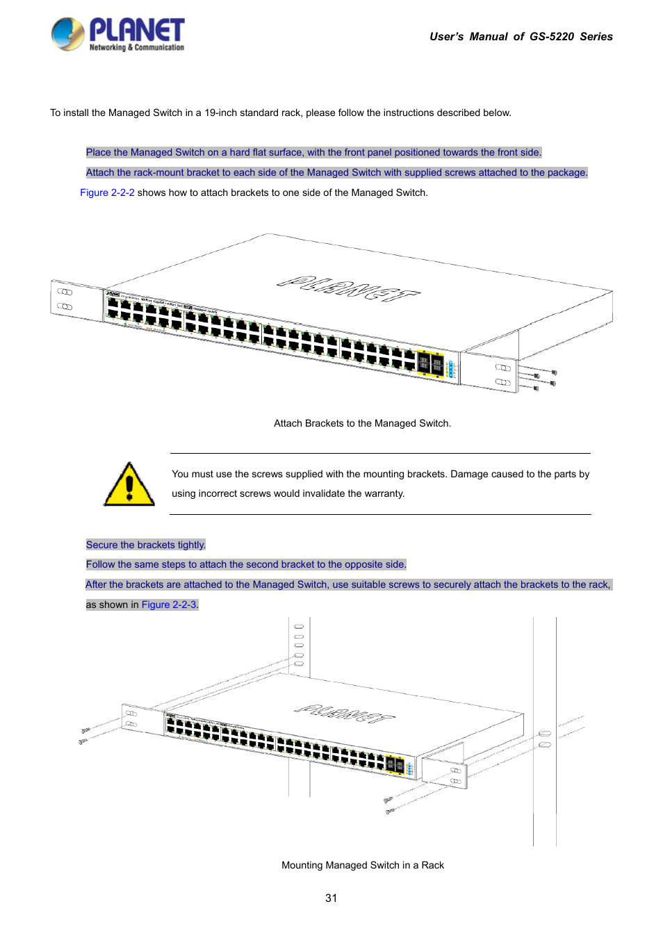 2 rack mounting | PLANET GS-5220-16S8C User Manual | Page 31 / 343