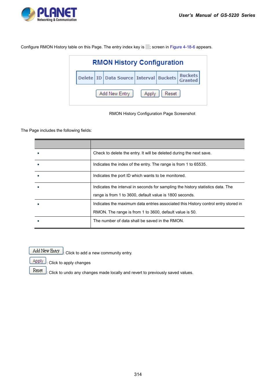 5 rmon history configuration | PLANET GS-5220-16S8C User Manual | Page 314 / 343