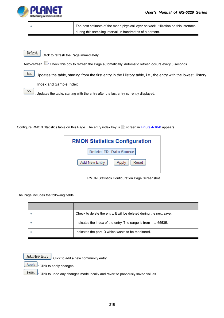 7 rmon statistics configuration | PLANET GS-5220-16S8C User Manual | Page 316 / 343