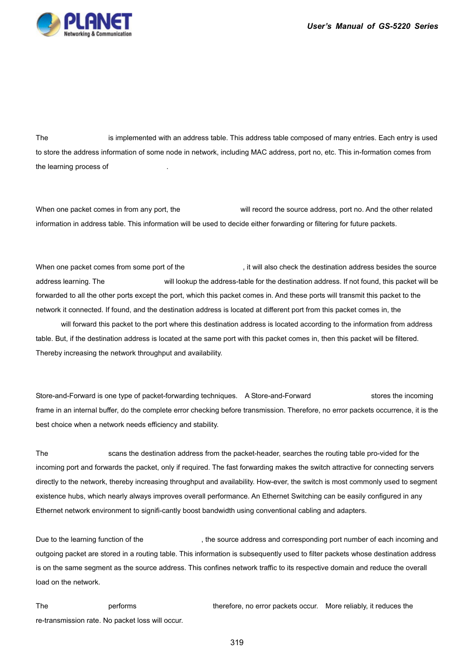 Switch operation, 1 address table, 2 learning | 3 forwarding & filtering, 4 store-and-forward | PLANET GS-5220-16S8C User Manual | Page 319 / 343