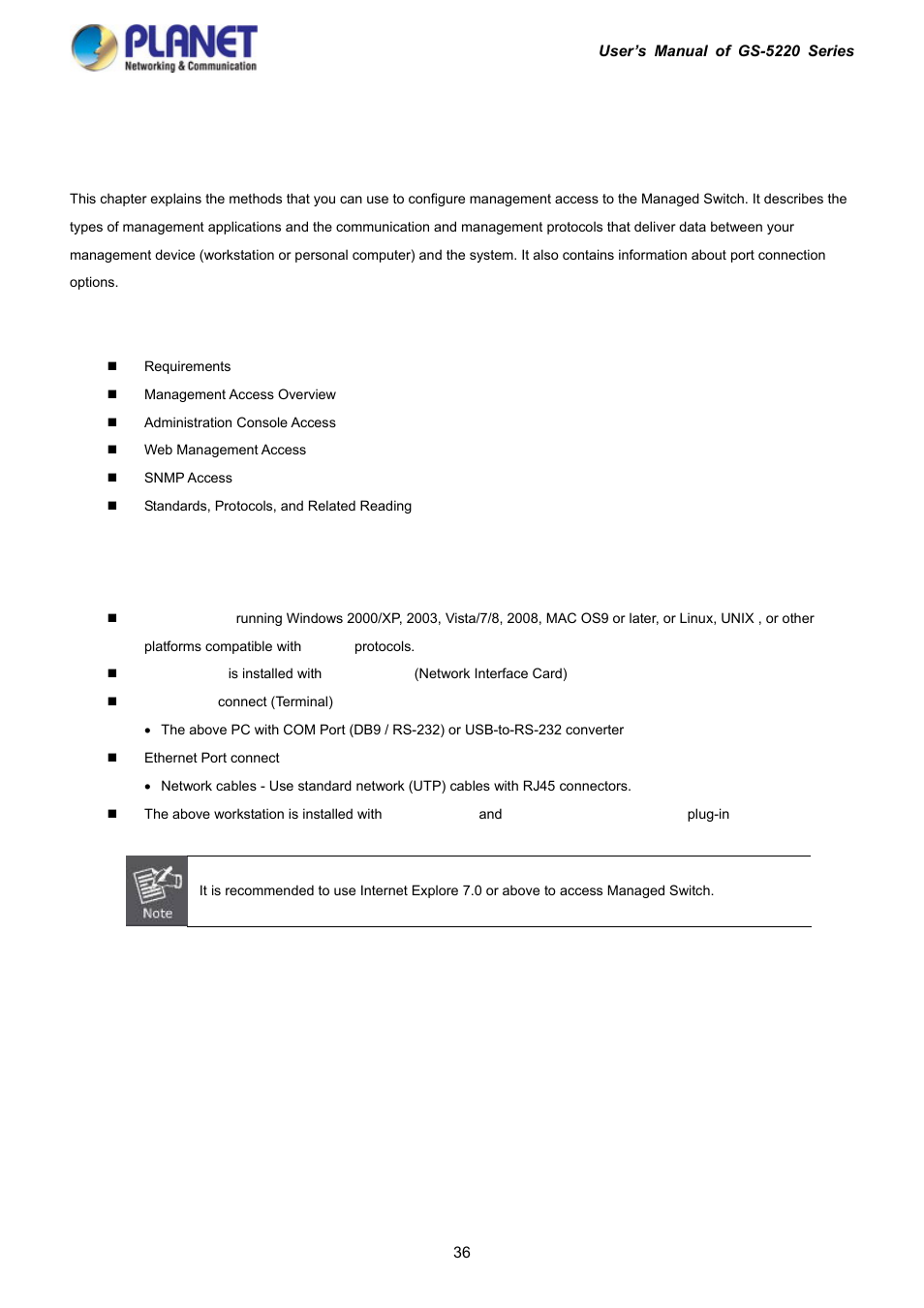 Switch management, 1 requirements | PLANET GS-5220-16S8C User Manual | Page 36 / 343