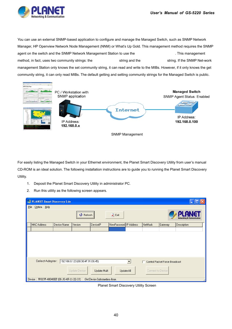 5 snmp-based network management, 6 planet smart discovery utility | PLANET GS-5220-16S8C User Manual | Page 40 / 343