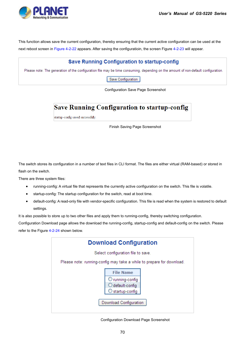 18 save startup config, 19 configuration download | PLANET GS-5220-16S8C User Manual | Page 70 / 343