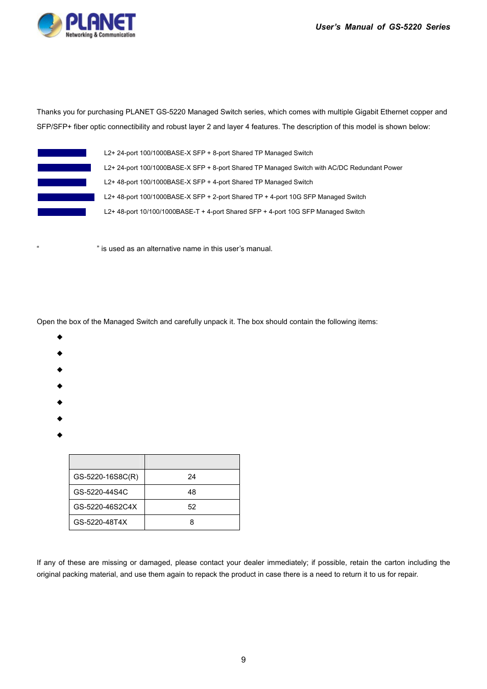 Introduction, 1 packet contents | PLANET GS-5220-16S8C User Manual | Page 9 / 343