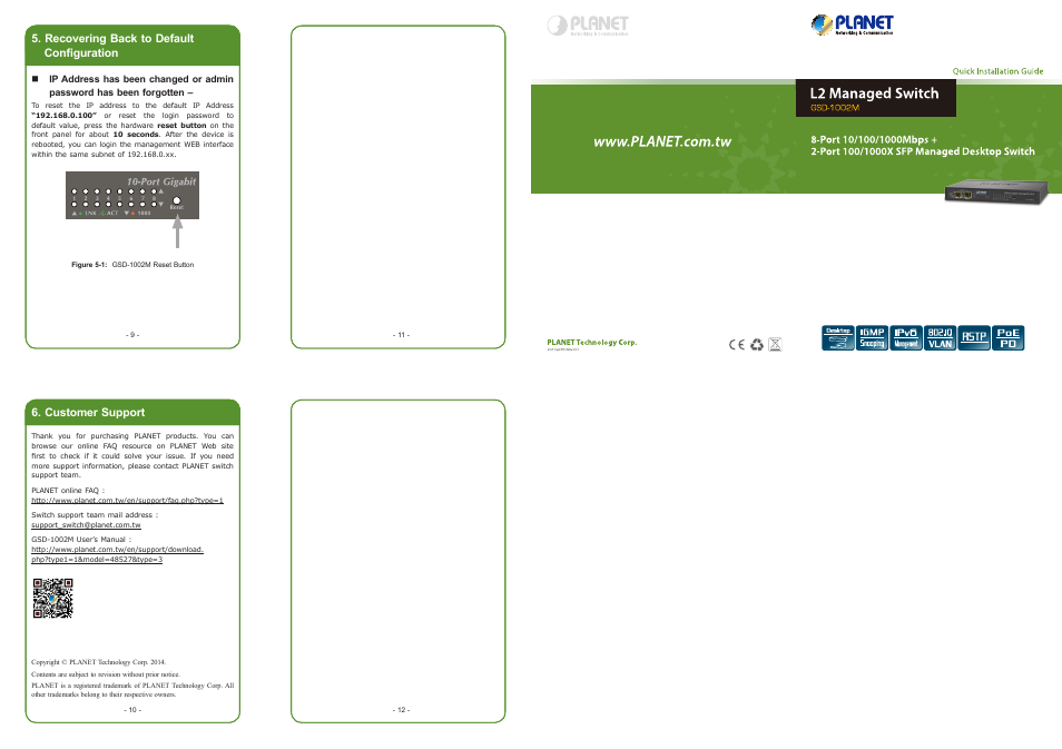 Recovering back to default configuration, Customer support | PLANET GSD-1002M User Manual | Page 2 / 2