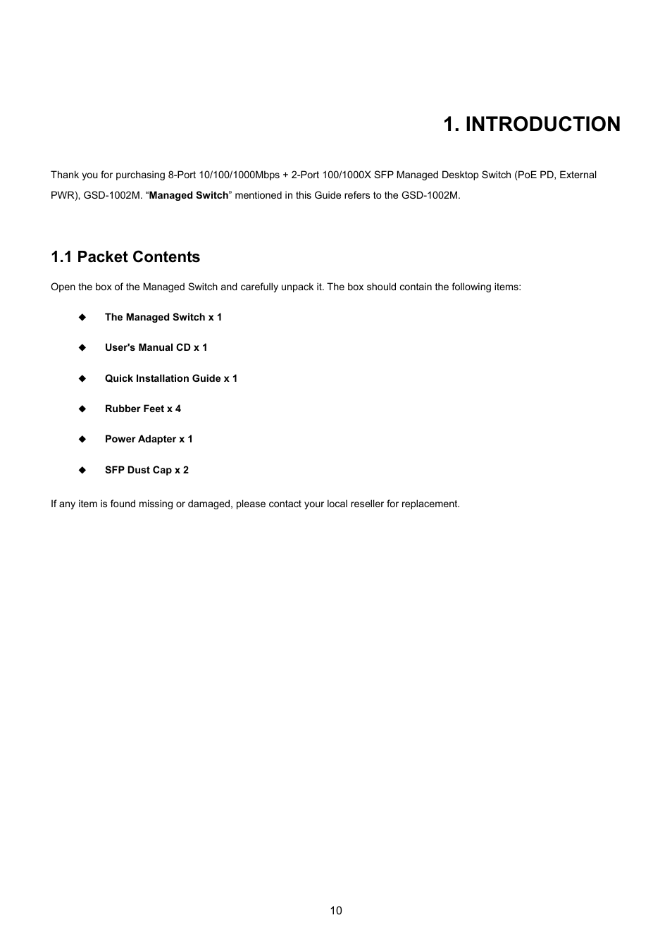 Introduction, 1 packet contents | PLANET GSD-1002M User Manual | Page 10 / 313