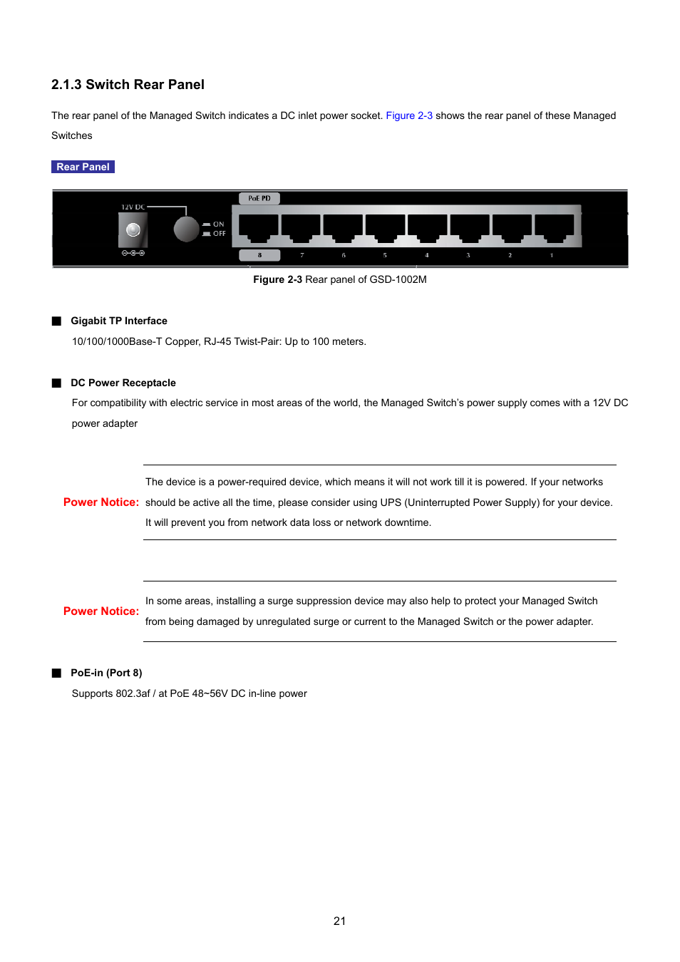 3 switch rear panel | PLANET GSD-1002M User Manual | Page 21 / 313