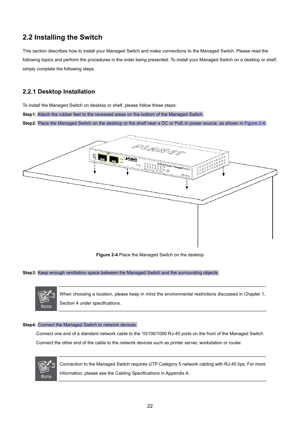 2 installing the switch, 1 desktop installation | PLANET GSD-1002M User Manual | Page 22 / 313