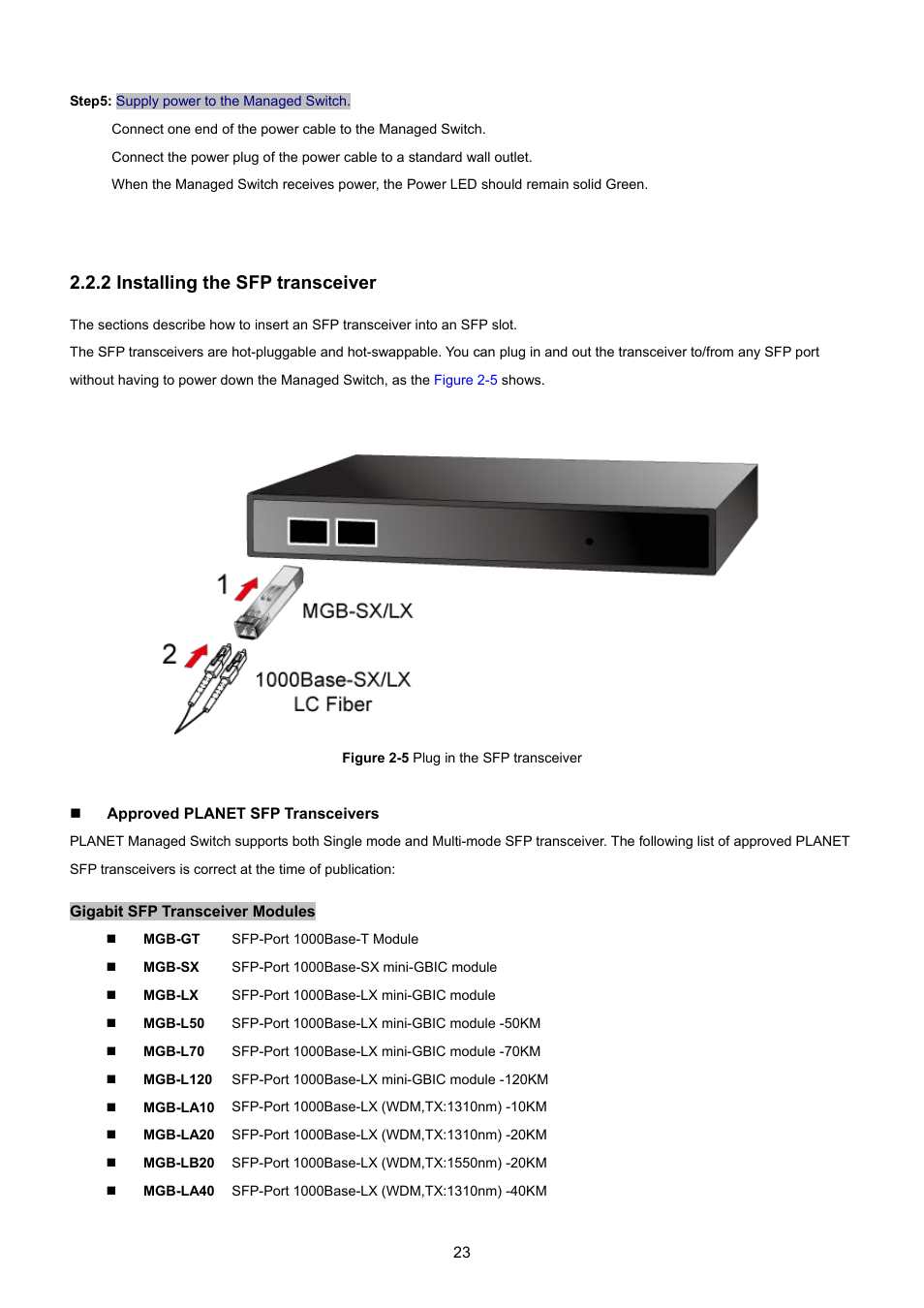 2 installing the sfp transceiver | PLANET GSD-1002M User Manual | Page 23 / 313