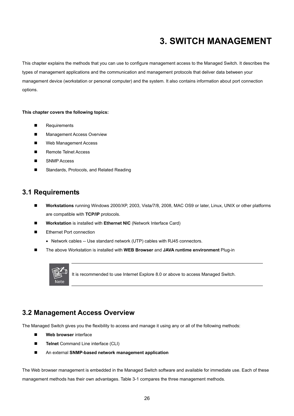 Switch management, 1 requirements, 2 management access overview | PLANET GSD-1002M User Manual | Page 26 / 313