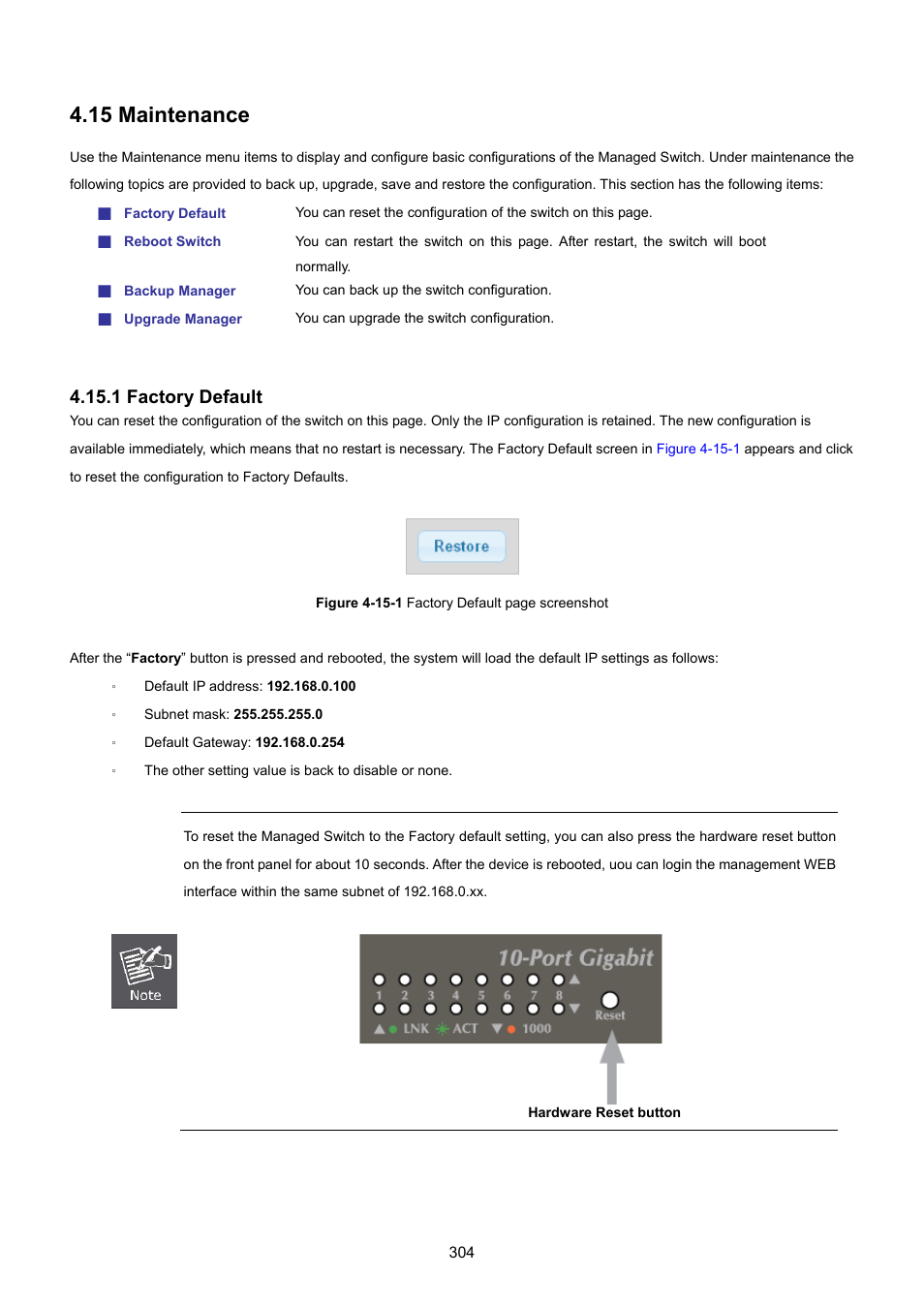 15 maintenance, 1 factory default | PLANET GSD-1002M User Manual | Page 304 / 313