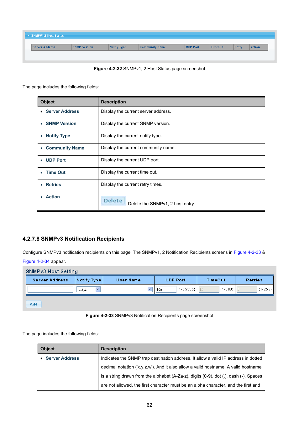8 snmpv3 notification recipients, 9 snmpv3 notification recipients | PLANET GSD-1002M User Manual | Page 62 / 313