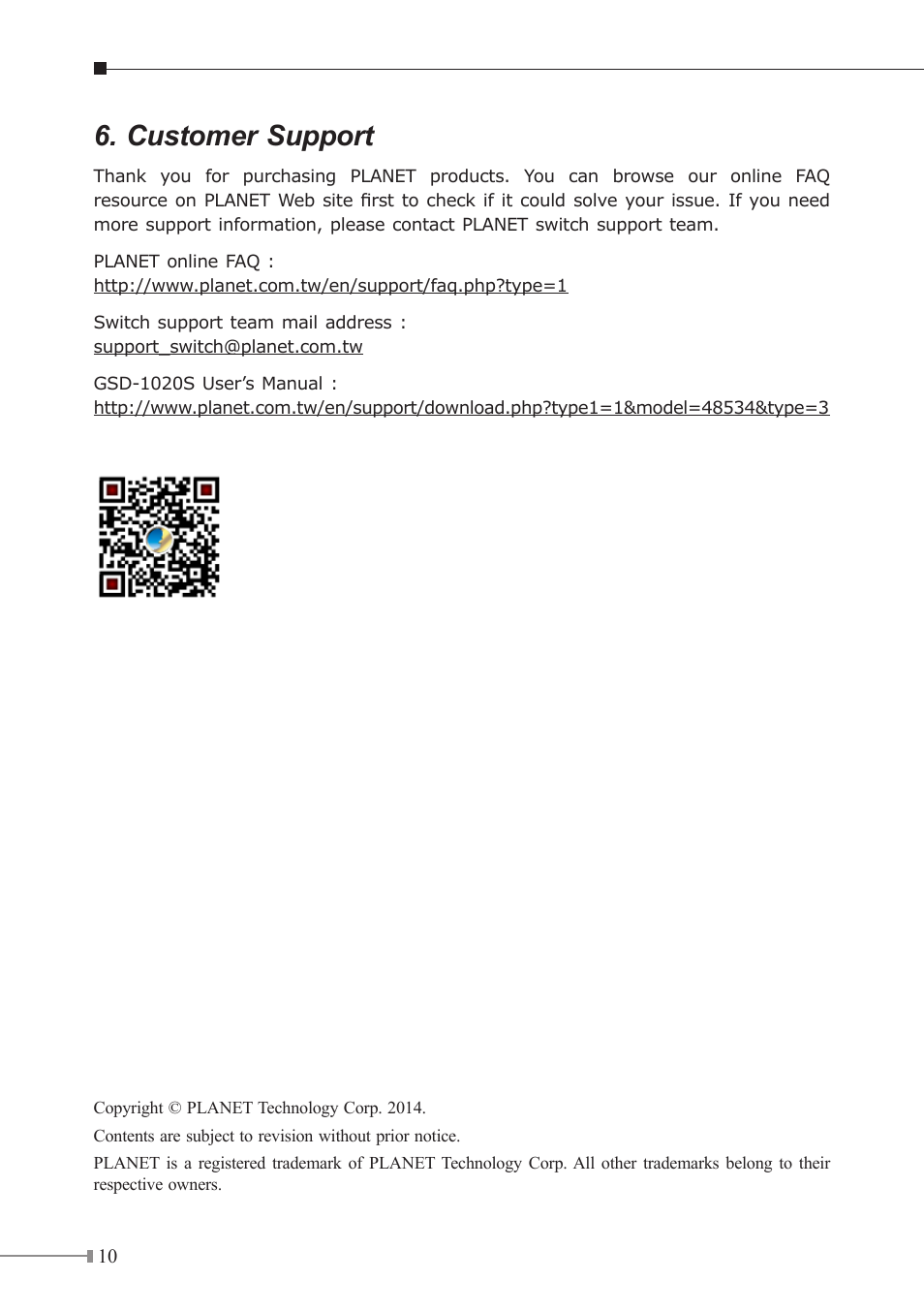 Customer support | PLANET GSD-1020S User Manual | Page 10 / 12