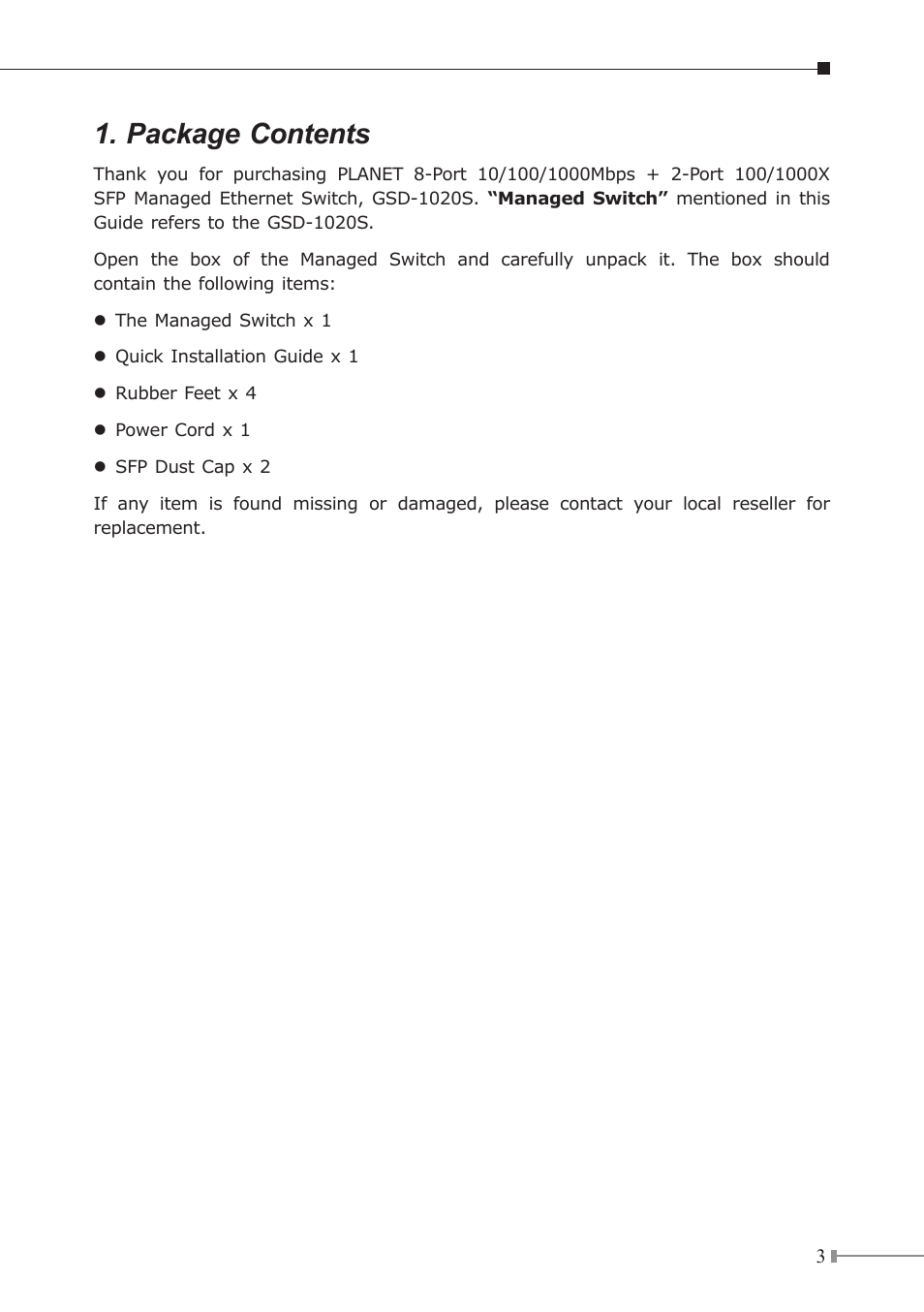 Package contents | PLANET GSD-1020S User Manual | Page 3 / 12