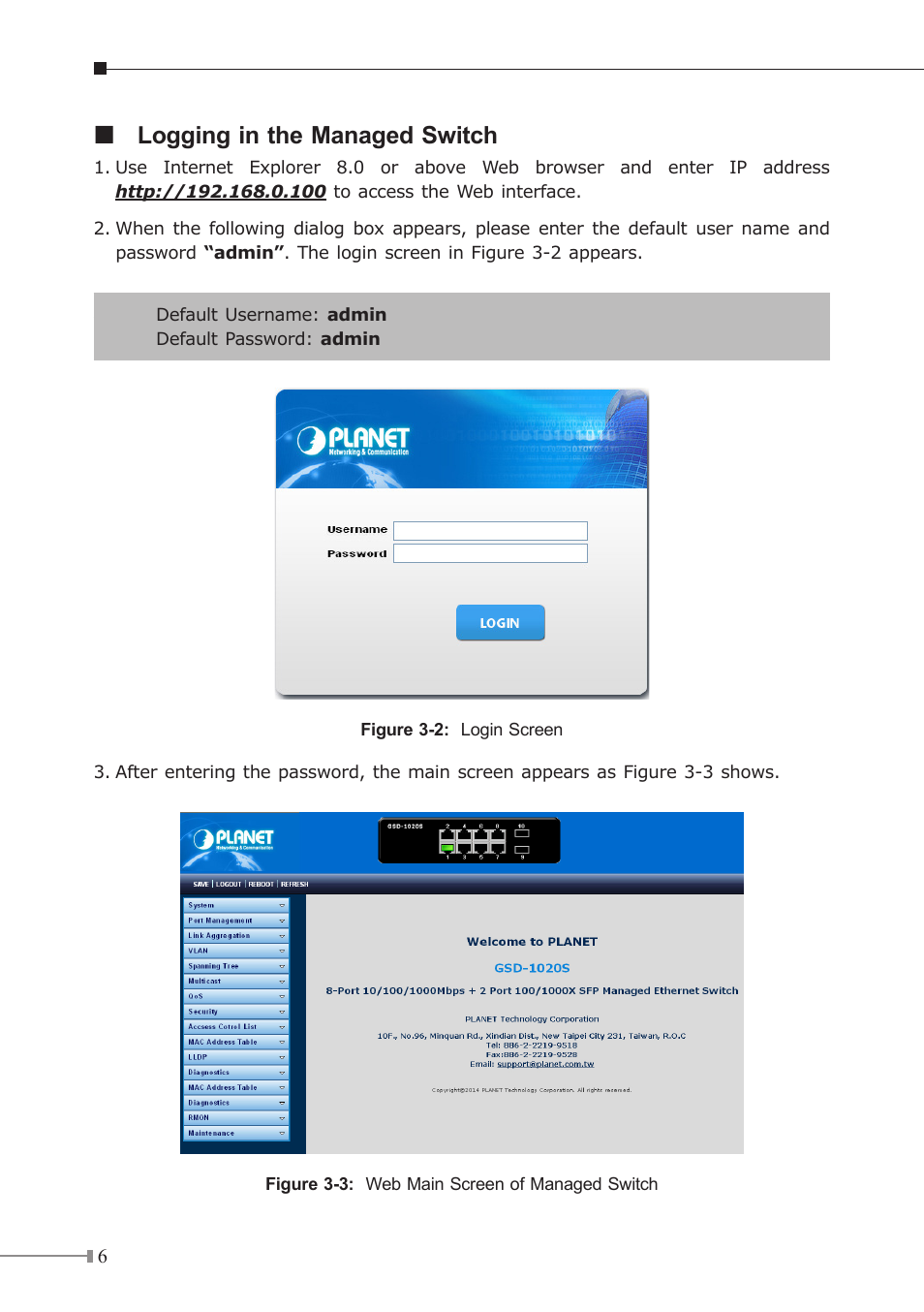 Logging in the managed switch | PLANET GSD-1020S User Manual | Page 6 / 12