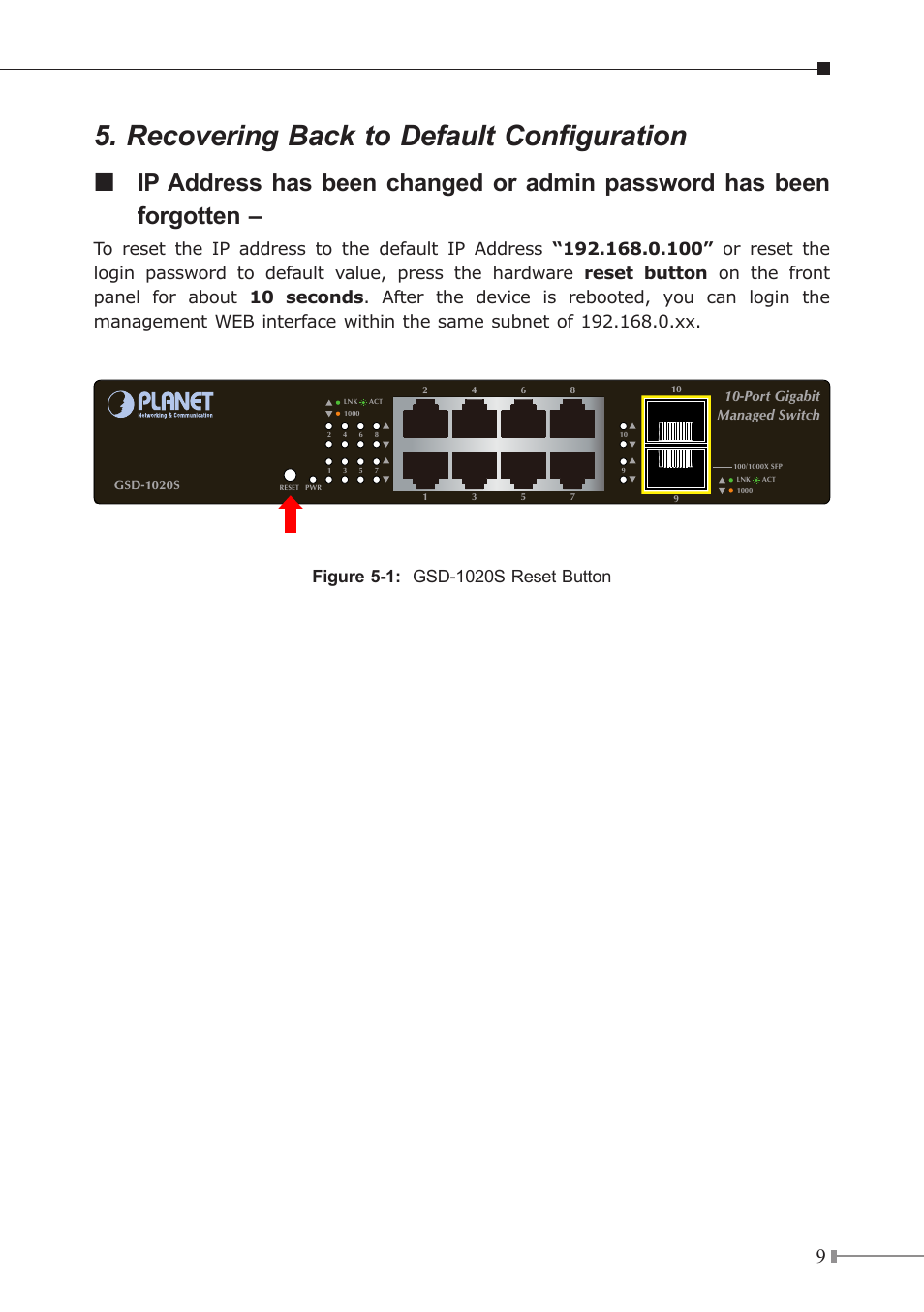 Recovering back to default configuration | PLANET GSD-1020S User Manual | Page 9 / 12