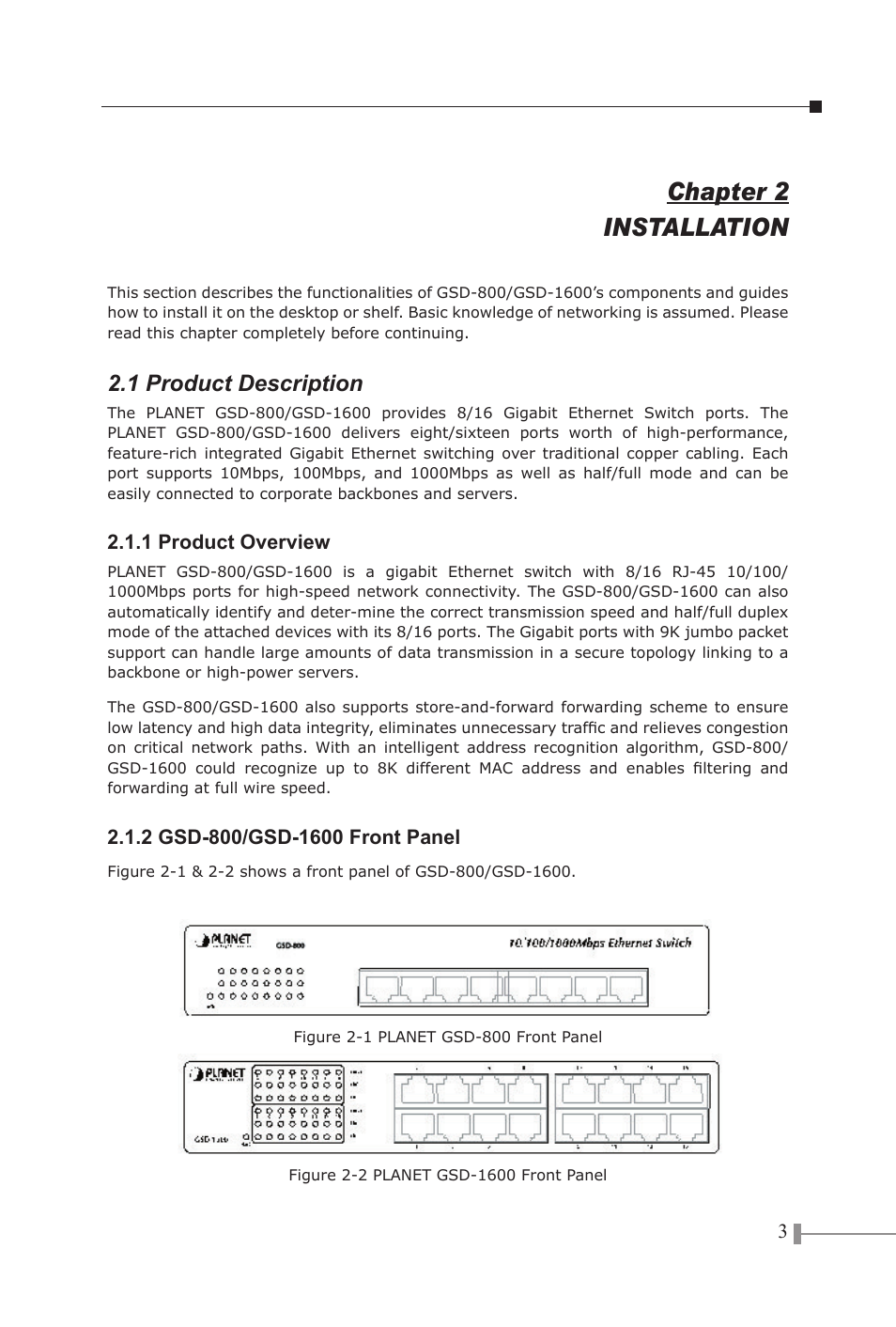 Chapter 2 installation, 1 product description | PLANET GSD-1600 User Manual | Page 5 / 14