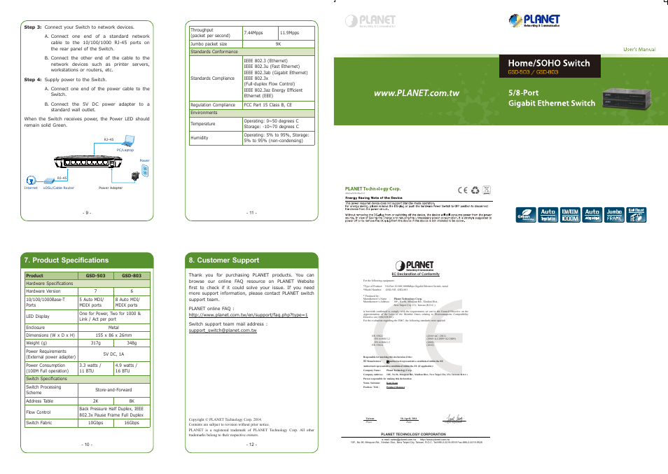 Product specifications, Customer support | PLANET GSD-503 User Manual | Page 2 / 2
