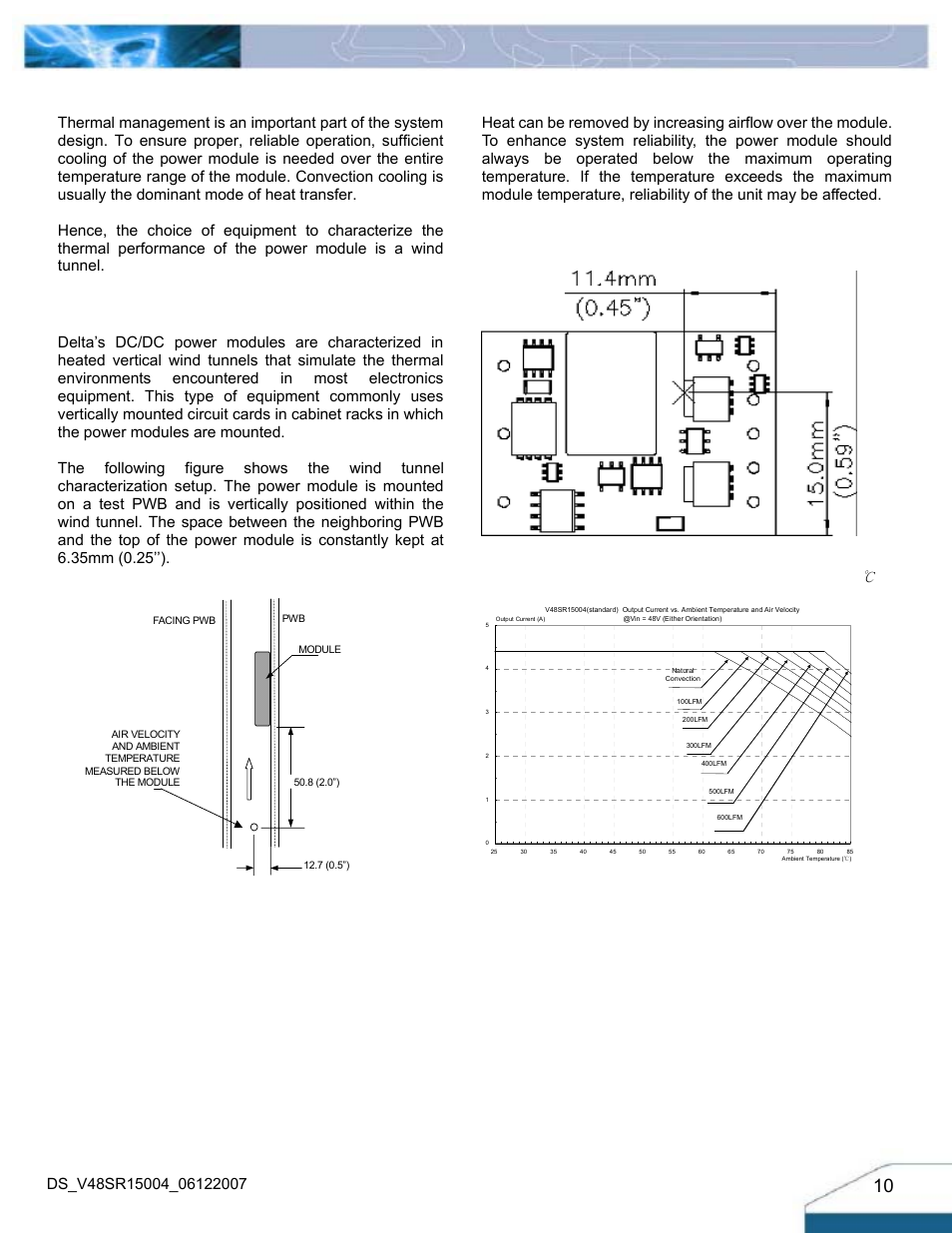Thermal considerations, Thermal curves, Thermal testing setup | Thermal derating, Figure 20: wind tunnel test setup | Delta Electronics Delphi Series V48SR User Manual | Page 10 / 14