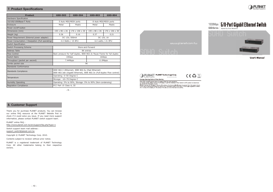 Product specifications, Customer support | PLANET GSD-503 User Manual | Page 2 / 2