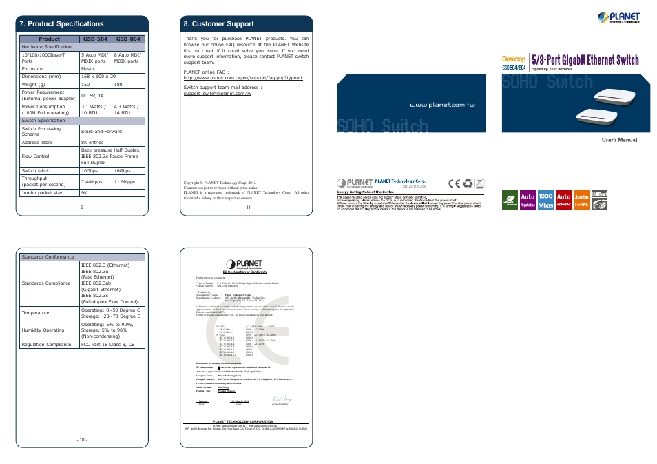 Product specifications, Customer support | PLANET GSD-504 User Manual | Page 2 / 2