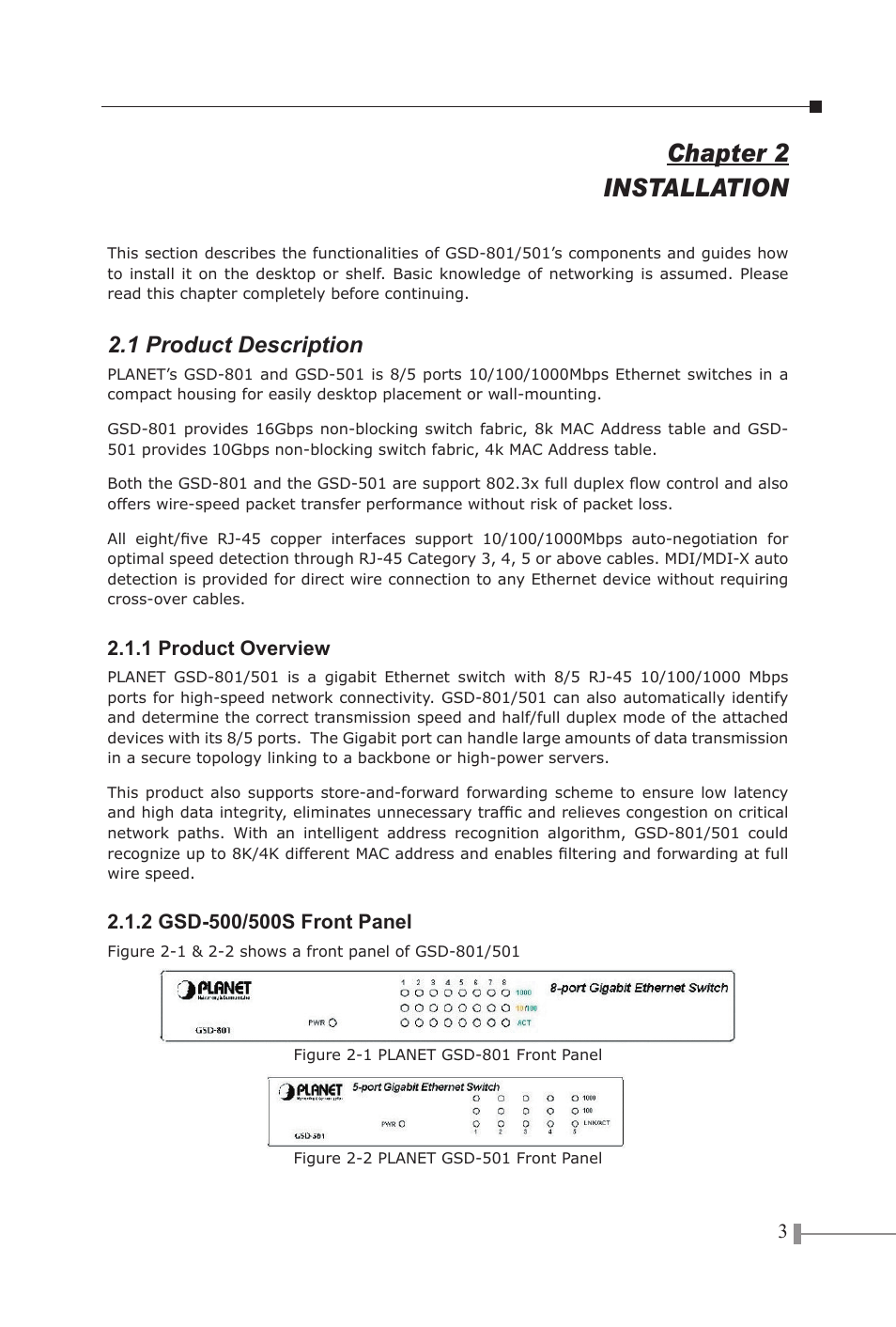 Chapter 2 installation, 1 product description, 1 product overview | 2 gsd-500/500s front panel | PLANET GSD-801 User Manual | Page 5 / 18