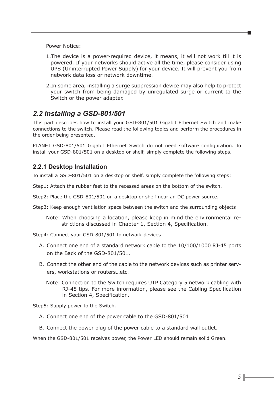 2 installing a gsd-801/501, 1 desktop installation | PLANET GSD-801 User Manual | Page 7 / 18