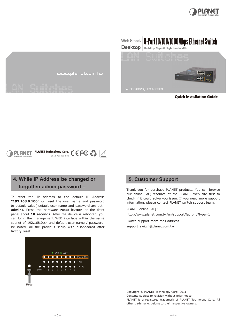 Customer support | PLANET GSD-802PS User Manual | Page 2 / 2