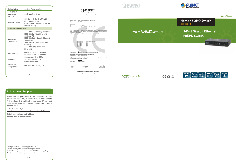 Customer support | PLANET GSD-803PD User Manual | Page 2 / 2