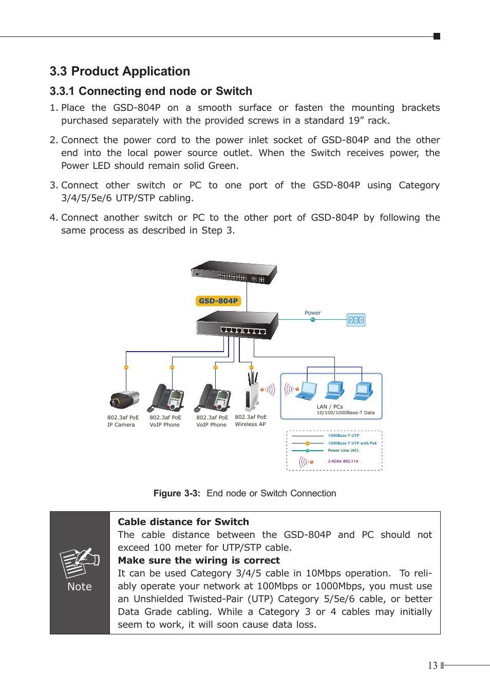 3 product application, 1 connecting end node or switch, Figure 3-3: end node or switch connection | PLANET GSD-804P User Manual | Page 13 / 24