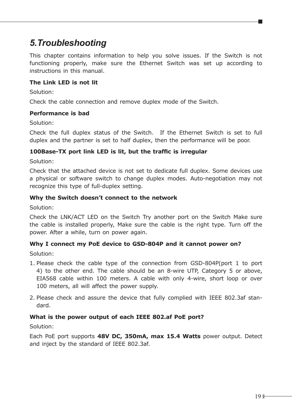 Troubleshooting | PLANET GSD-804P User Manual | Page 19 / 24