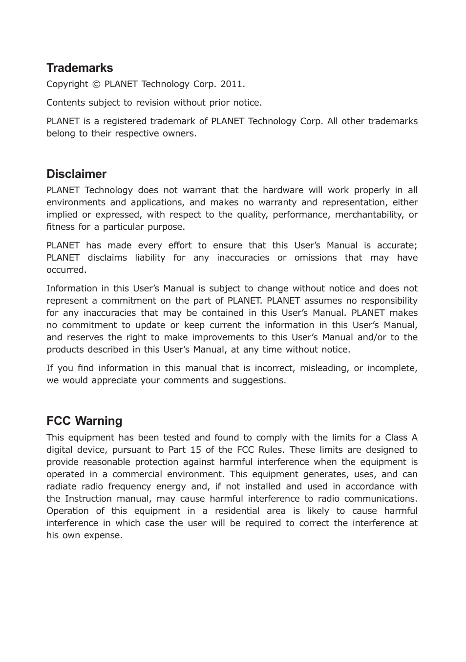 Trademarks, Disclaimer, Fcc warning | PLANET GSD-804P User Manual | Page 2 / 24