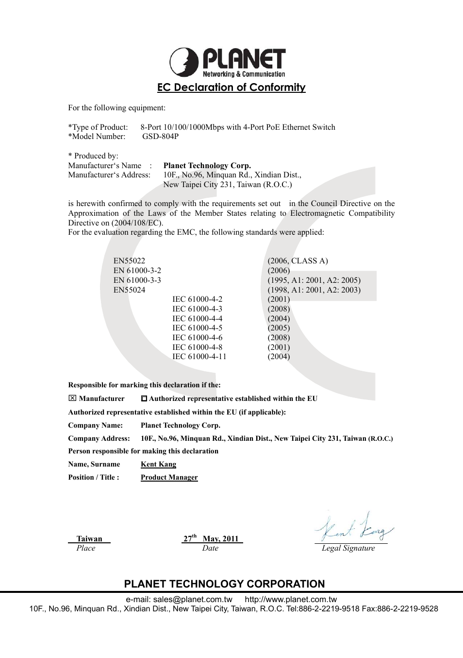 Ec declaration of conformity, Planet technology corporation | PLANET GSD-804P User Manual | Page 23 / 24