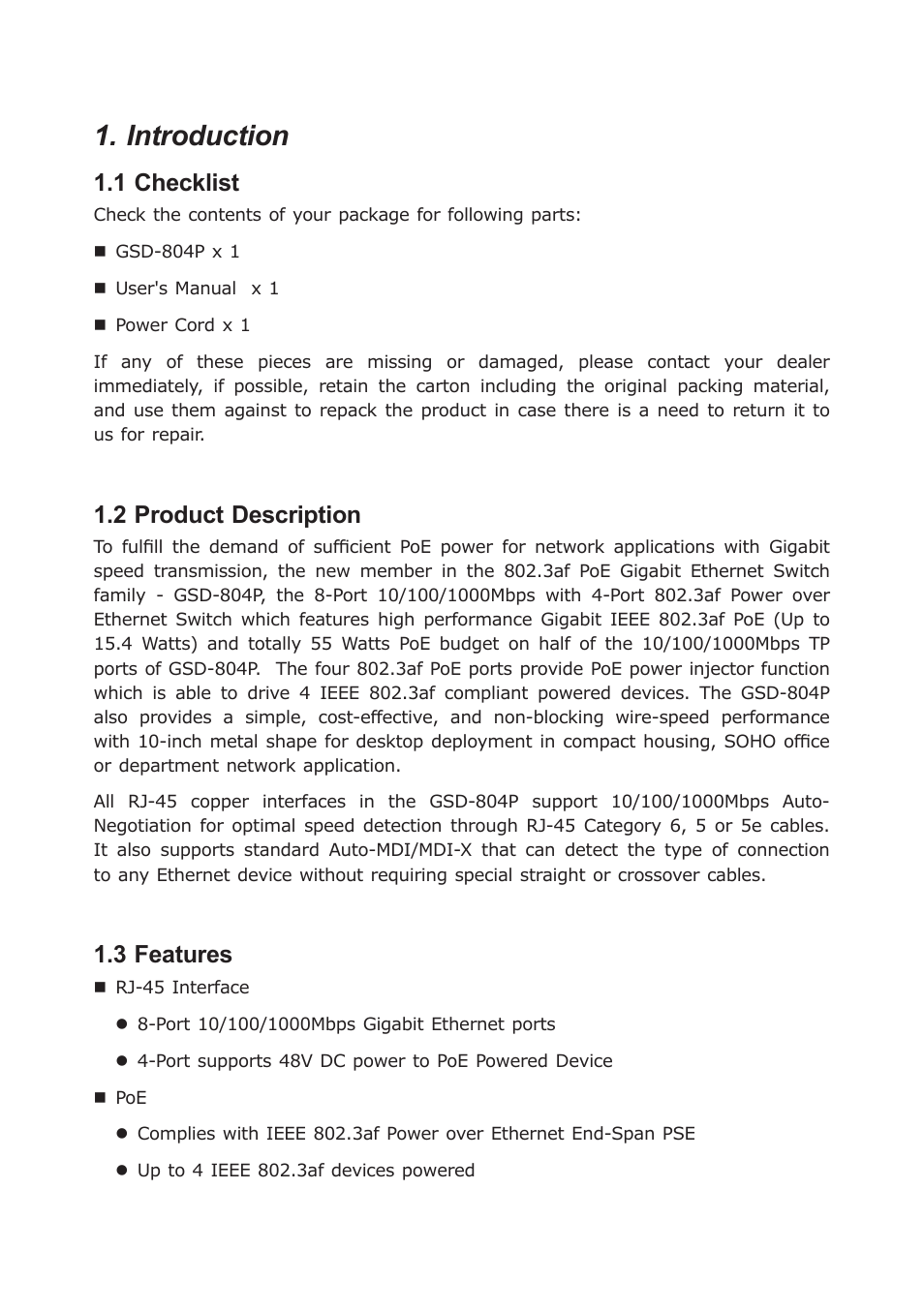 Introduction, 1 checklist, 2 product description | 3 features | PLANET GSD-804P User Manual | Page 5 / 24