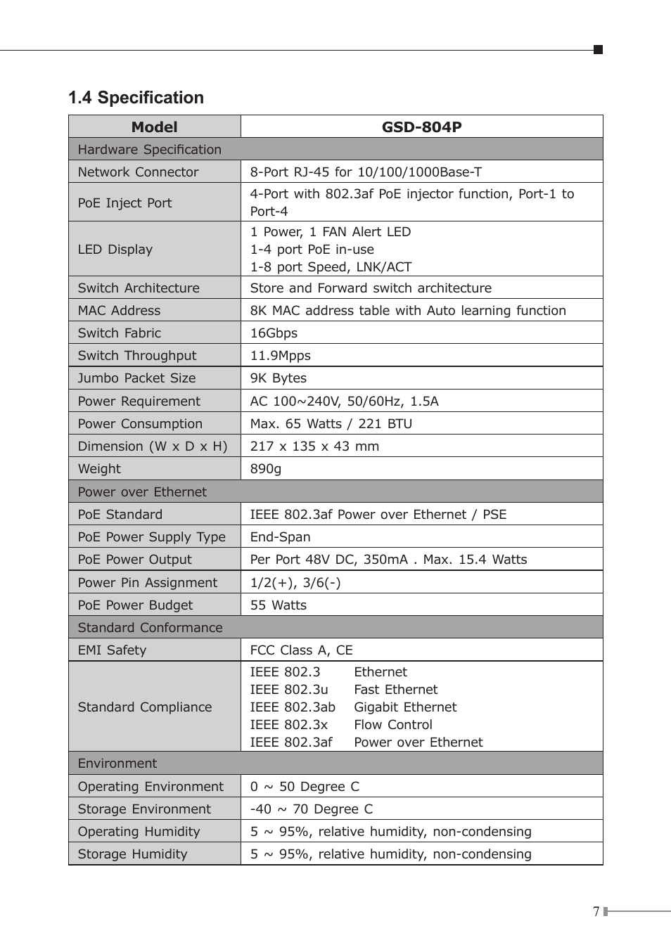 4 specification | PLANET GSD-804P User Manual | Page 7 / 24